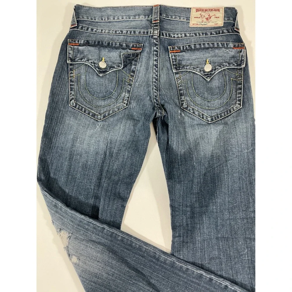 True Religion Rocky Men's Distressed Straight Jeans Dark Rocky Sand Ripped 34